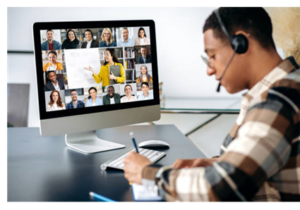 Man participating in a video conference.