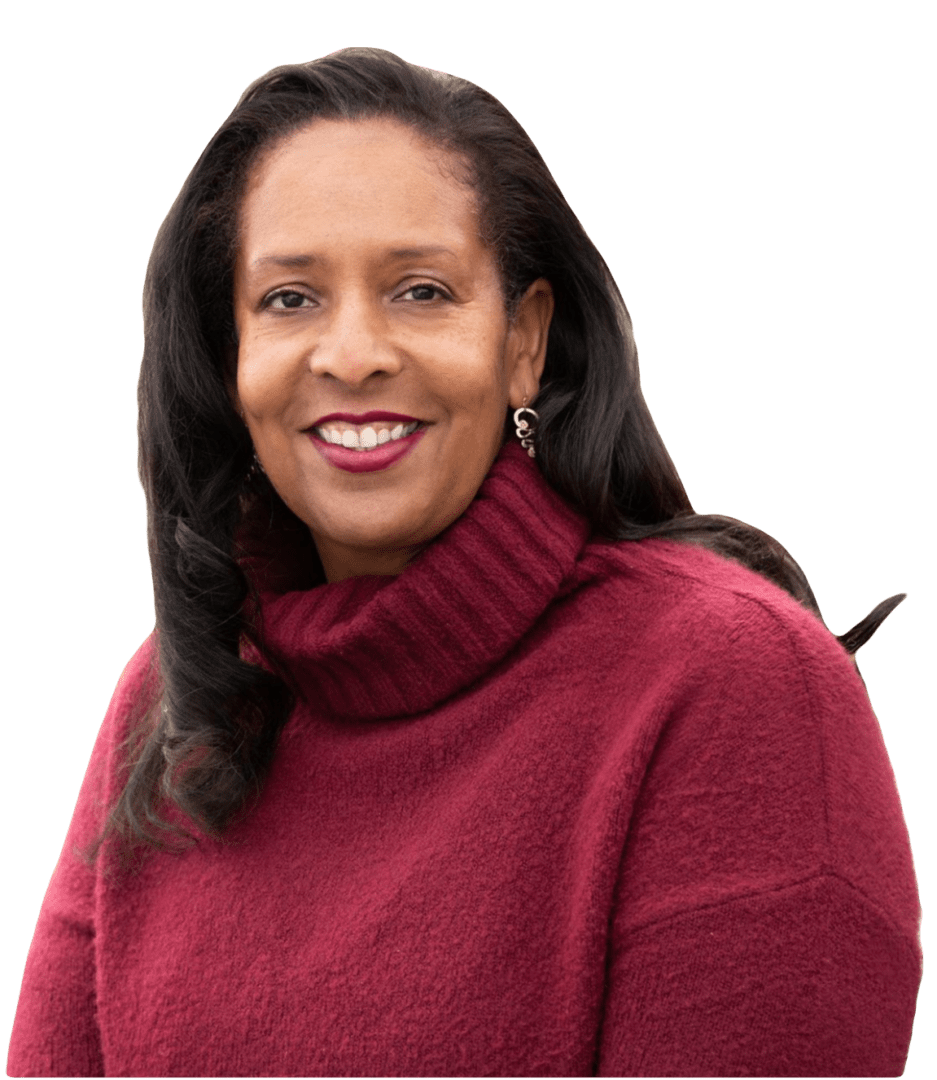 Smiling woman wearing a red sweater.